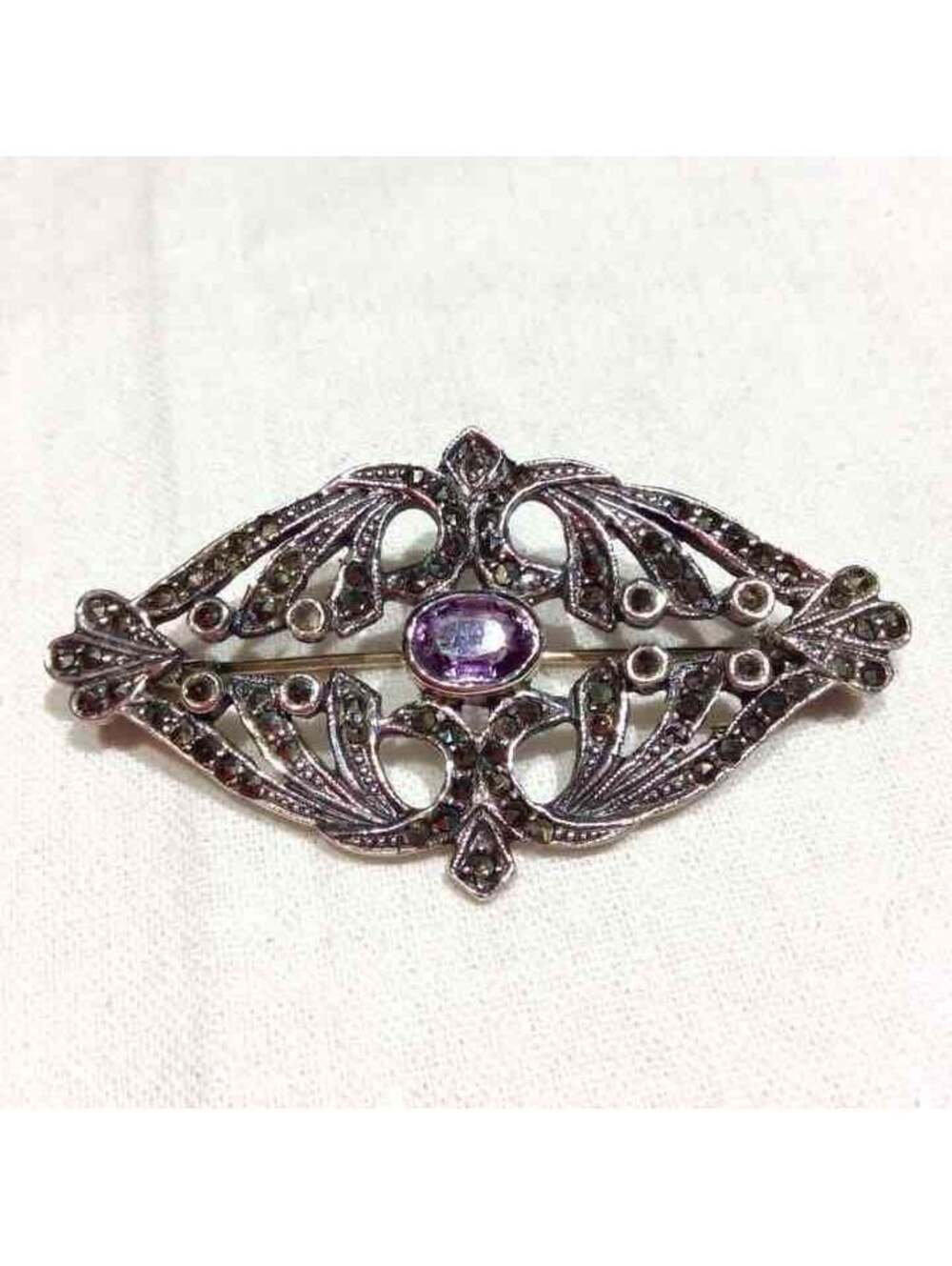 AMETHYST STERLING SILVER ANTIQUE VINTAGE PIN BROOCH